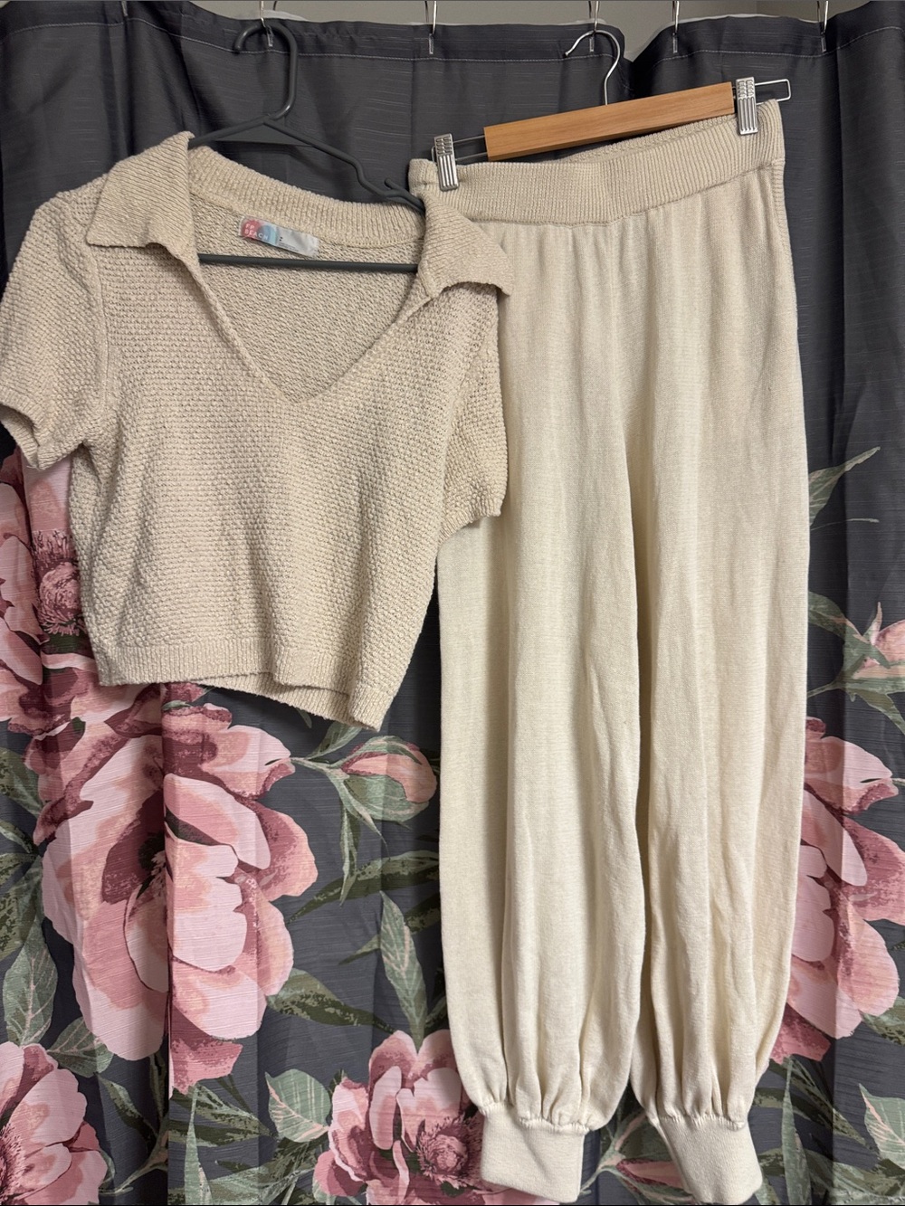 Free People Cream Knit Crop Top & Jogger Set